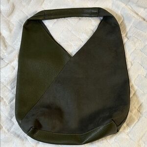 Olive Green Leather And Suede Hobo Tote Bag